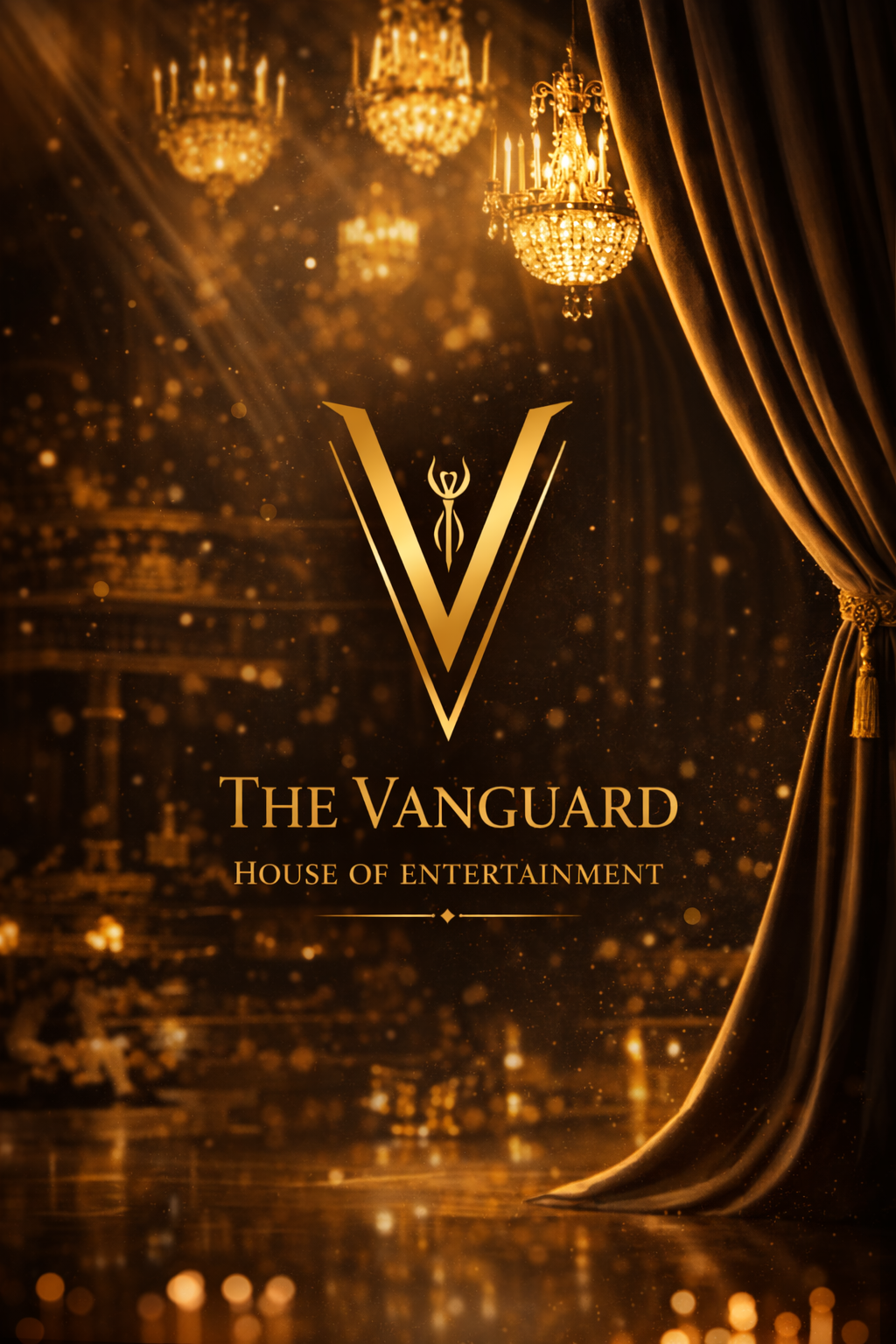 Elegant event poster featuring chandeliers and gold curtains, with a central monogram 'V' and the text 'The Vanguard, House of Entertainment' in gold lettering.