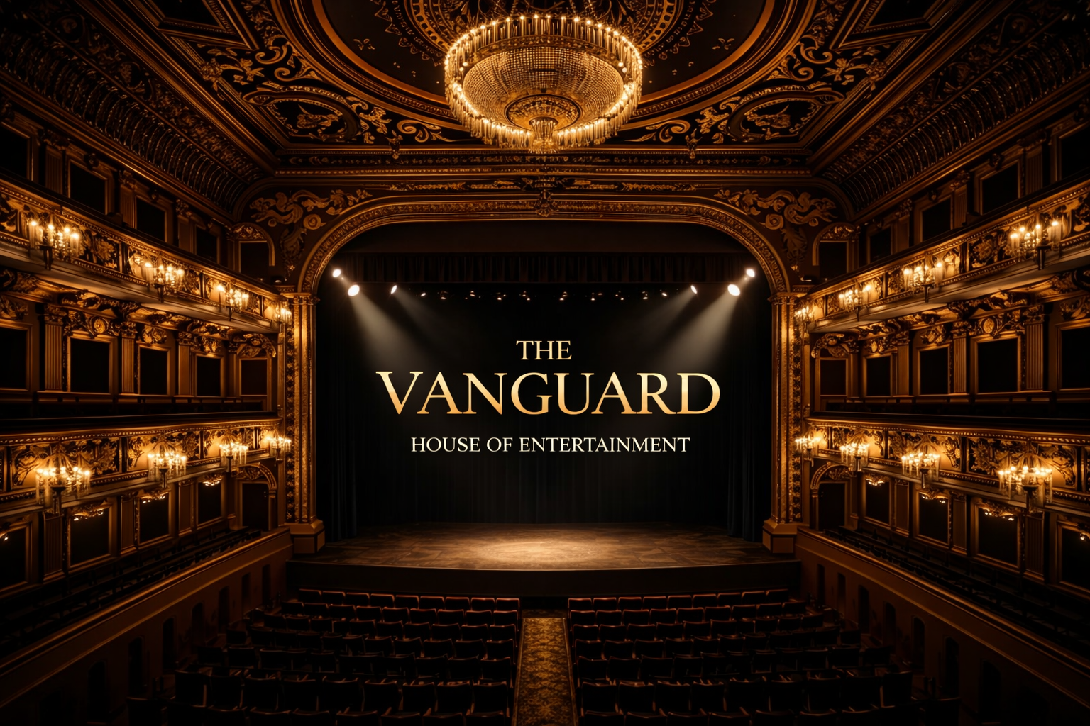 An ornate theater stage with a black curtain and illuminated signage reading 'The Vanguard House of Entertainment' in the center, surrounded by elegant gold decorations and lighting fixtures.