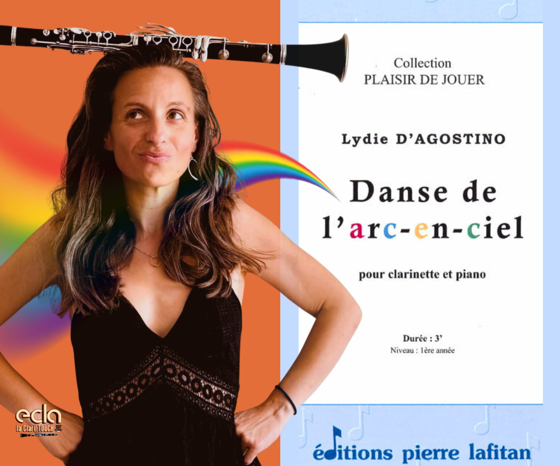 Page de couverture d'une partition musicale pour clarinette et piano avec une femme avec des cheveux bruns, un sourire subtil, contre un fond orange et bleu, avec un violon et un arc au-dessus de sa tête et un arc-en-ciel passant devant elle, la partition est intitulée "Danse de l'arc-en-ciel" par Lydie D'Agostino.