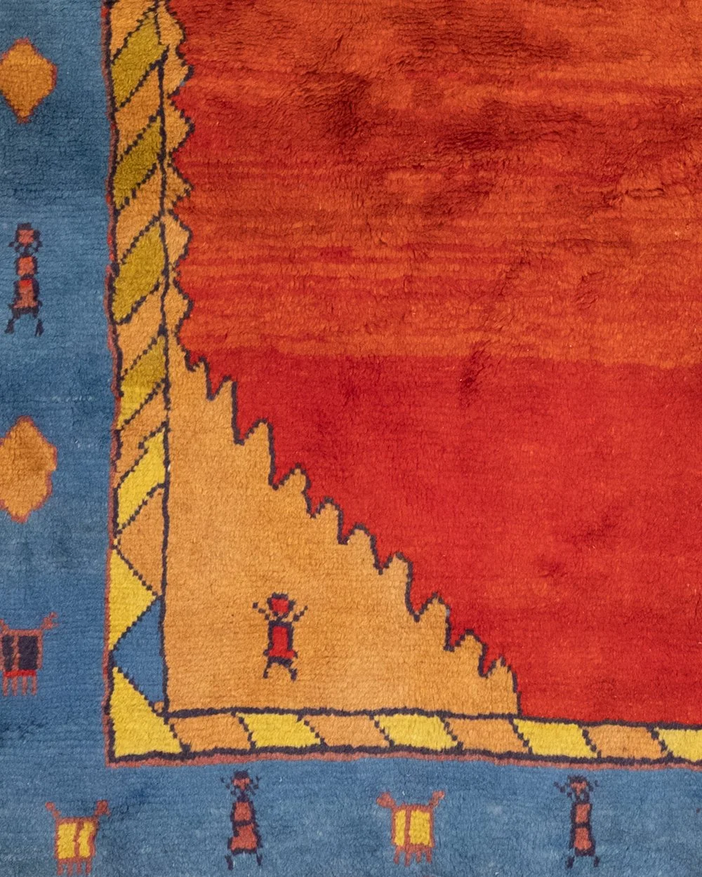 Gabbeh tribal rug with plush pile in red, light blue and yellow, 283 × 212 cm