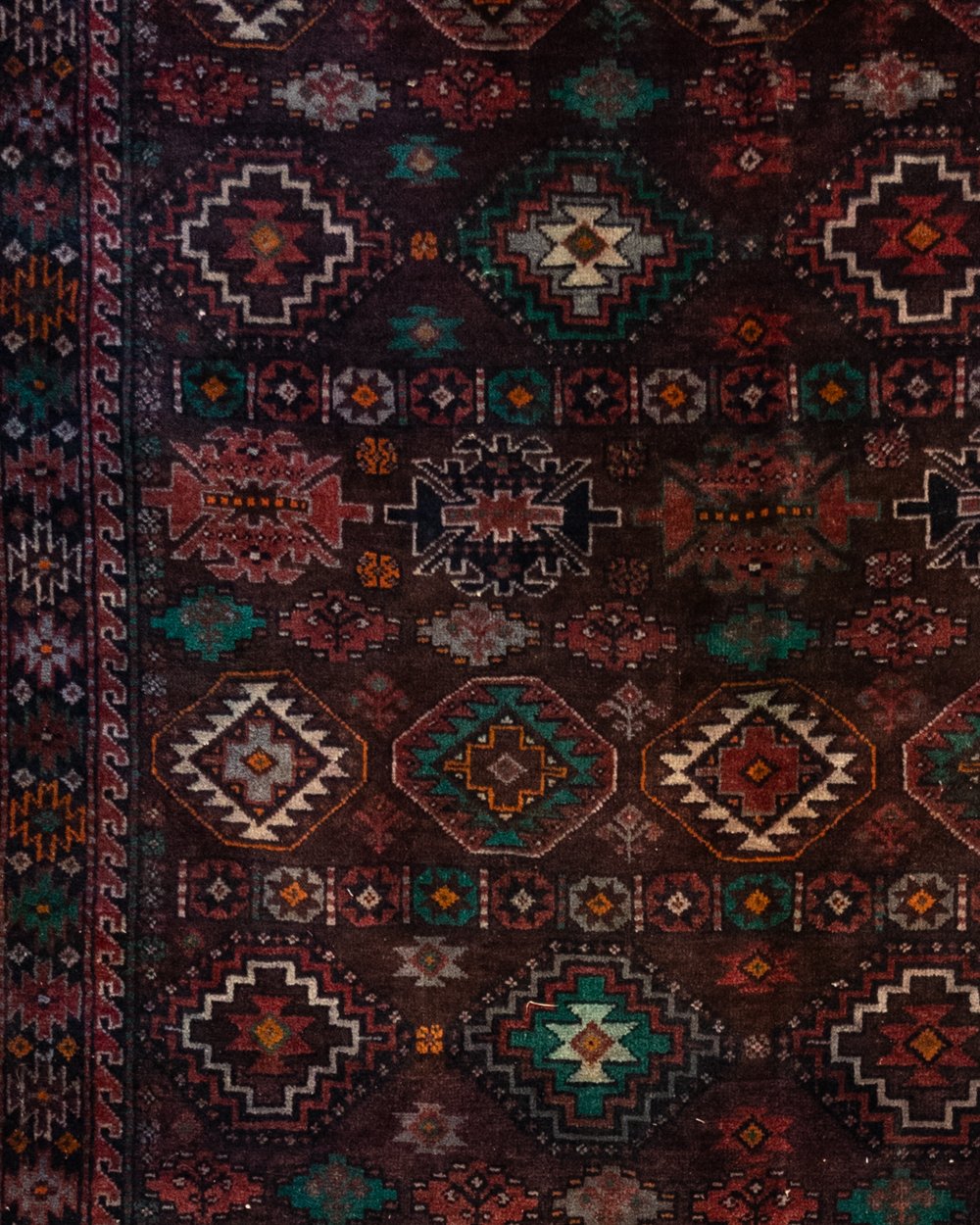 Persian Baluch Long Rug in brown and green, handwoven from 100% wool in Iran, 385 × 157 cm