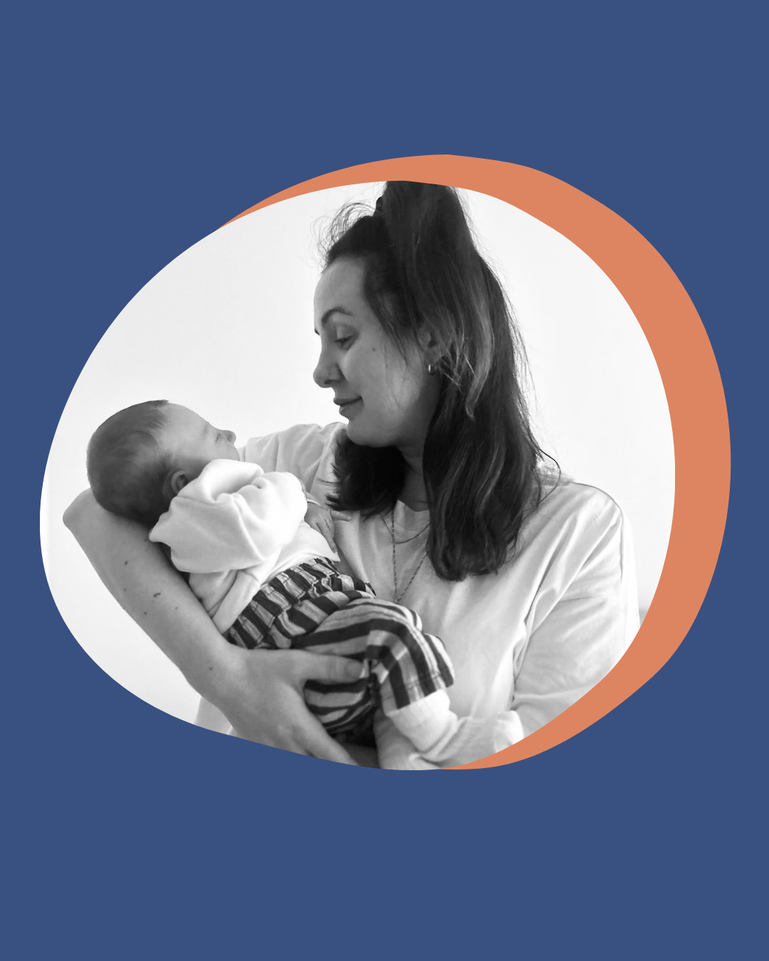 A woman holding a baby, looking at the baby affectionately, in a black-and-white photo with a blue and orange graphic background.