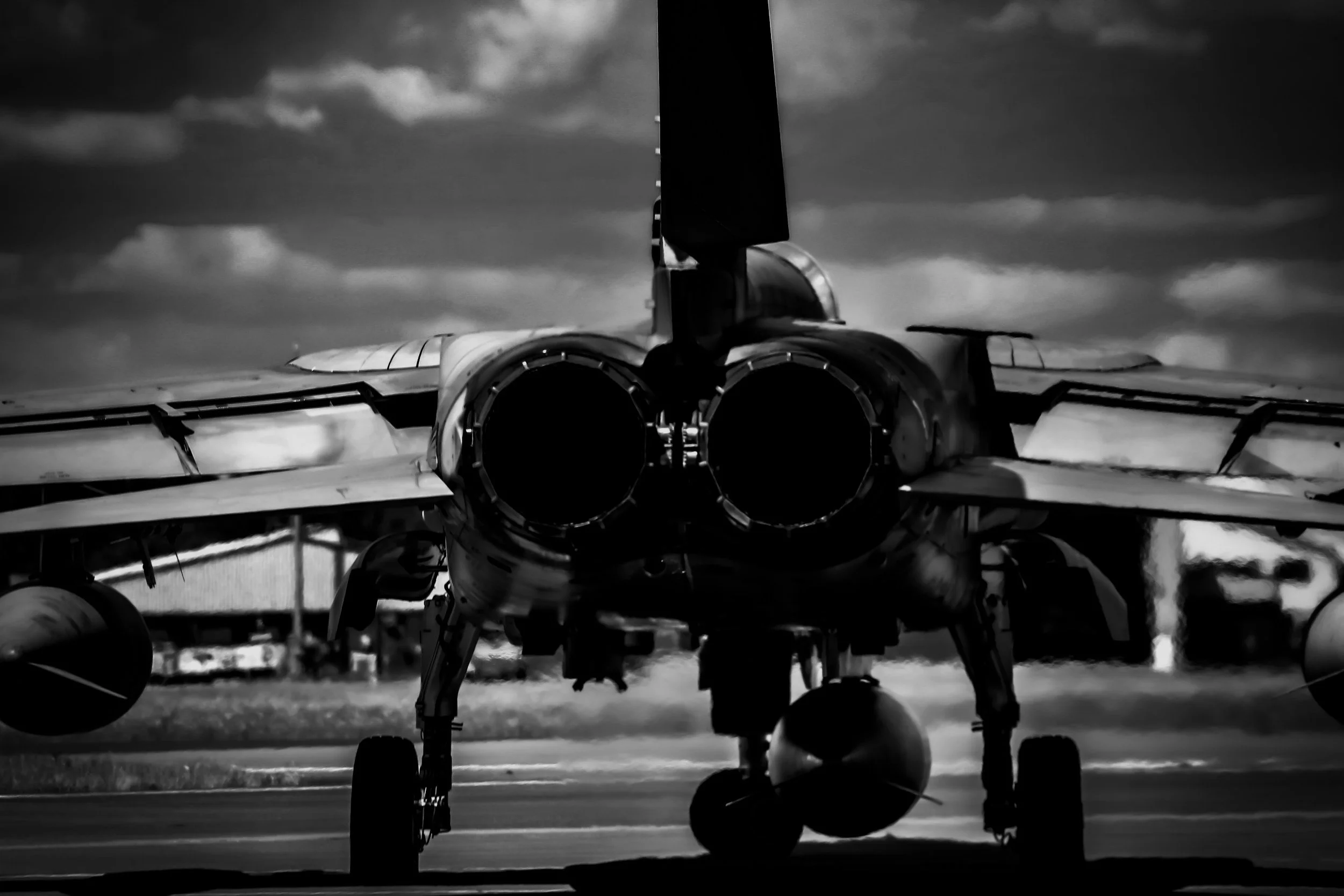 Monochrome view of Tornado on airfield