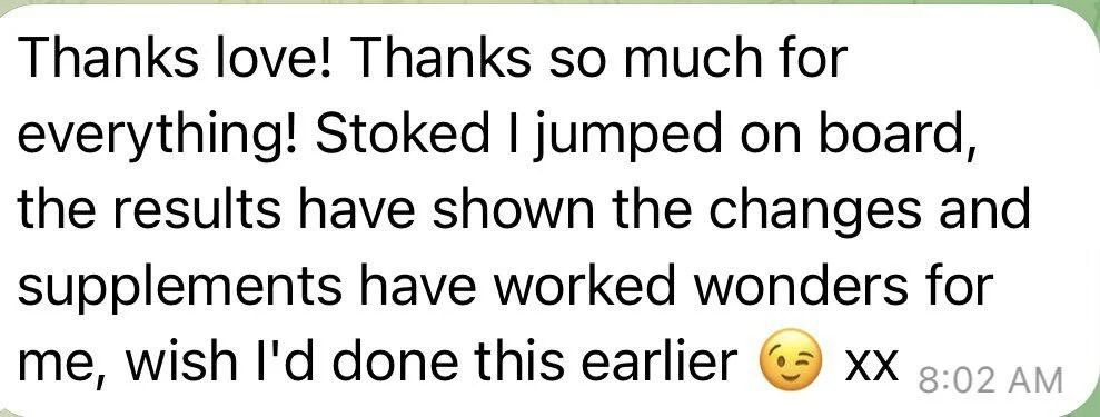 A screenshot of a message expressing gratitude, excitement about dietary or health changes, and containing a winking face emoji.