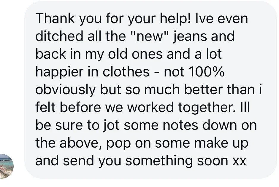 A text message expressing gratitude and happiness after working together, mentioning swapping old and new jeans, feeling better, and planning to send a gift soon.