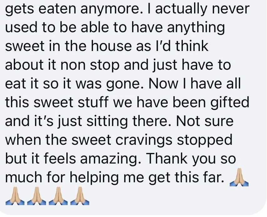 Screenshot of a message expressing gratitude for support in managing sweet cravings, ending with praying hands emojis.