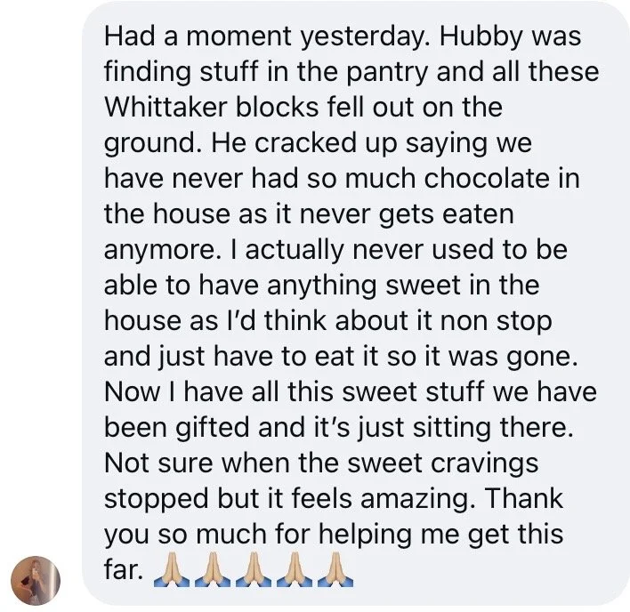 Screen shot of a social media post expressing gratitude for sweet treats and reflecting on changes in eating habits.