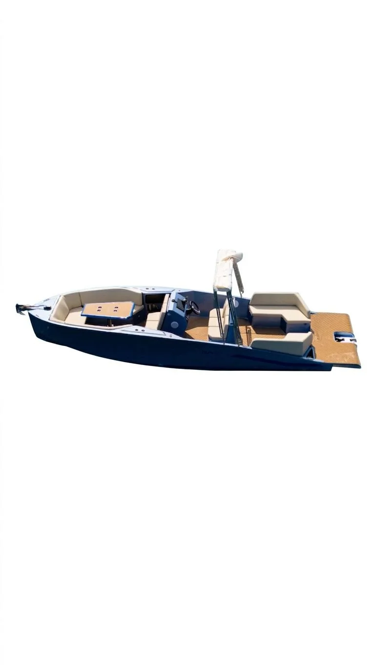 A modern motorboat with beige seating and a wooden deck, viewed from above