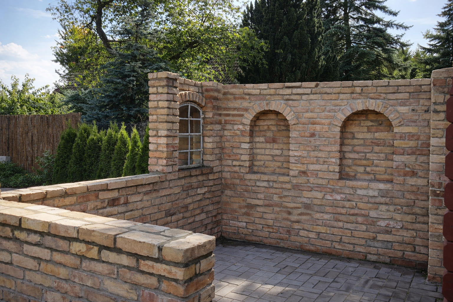 Gartenmauer aus Klinker mit Rundbögen – individuelle Maurerarbeiten in Rehfelde bei Strausberg