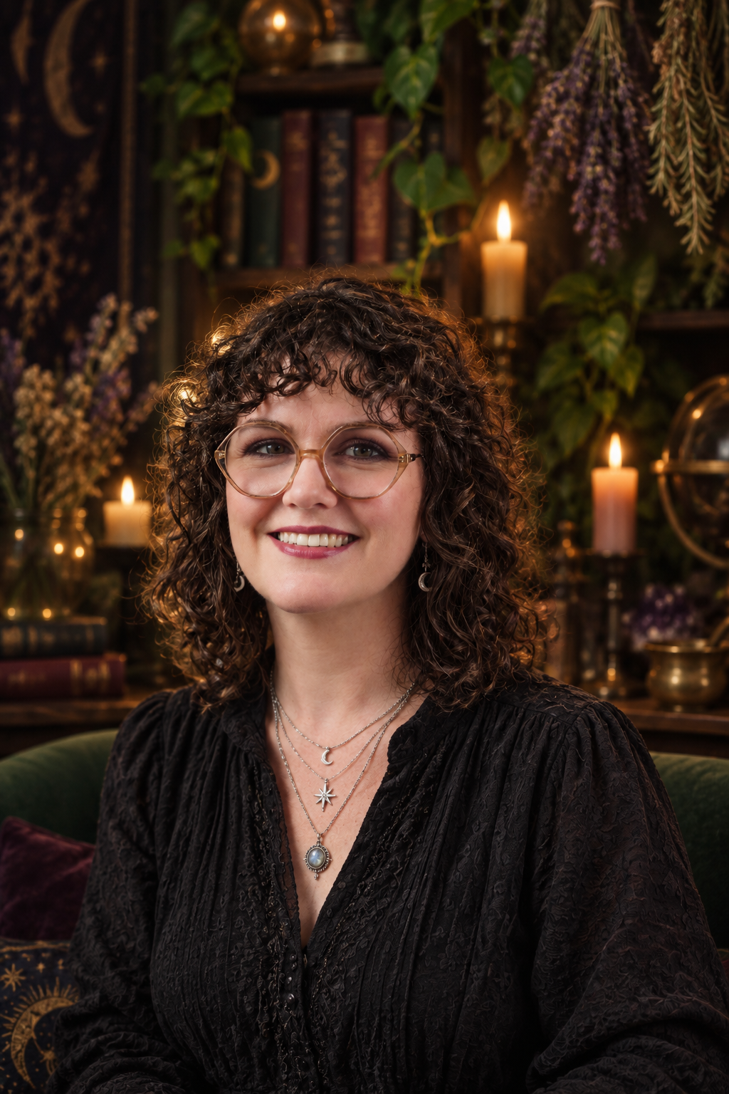 A photo of me with a magical library background added by AI.