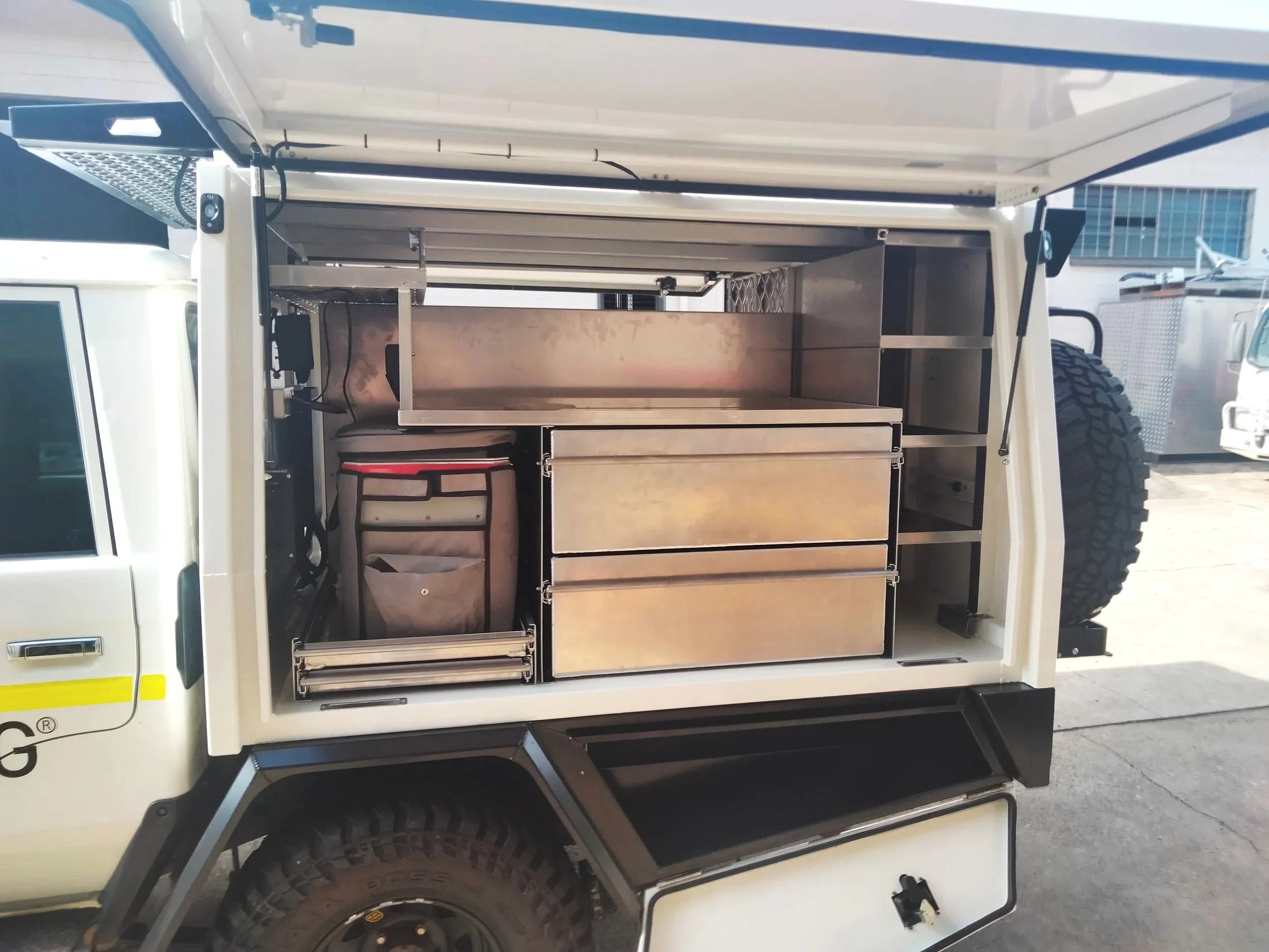 Custom aluminium ute canopy with integrated storage drawers built by Eclipse Fabrication in Atherton, Far North Queensland