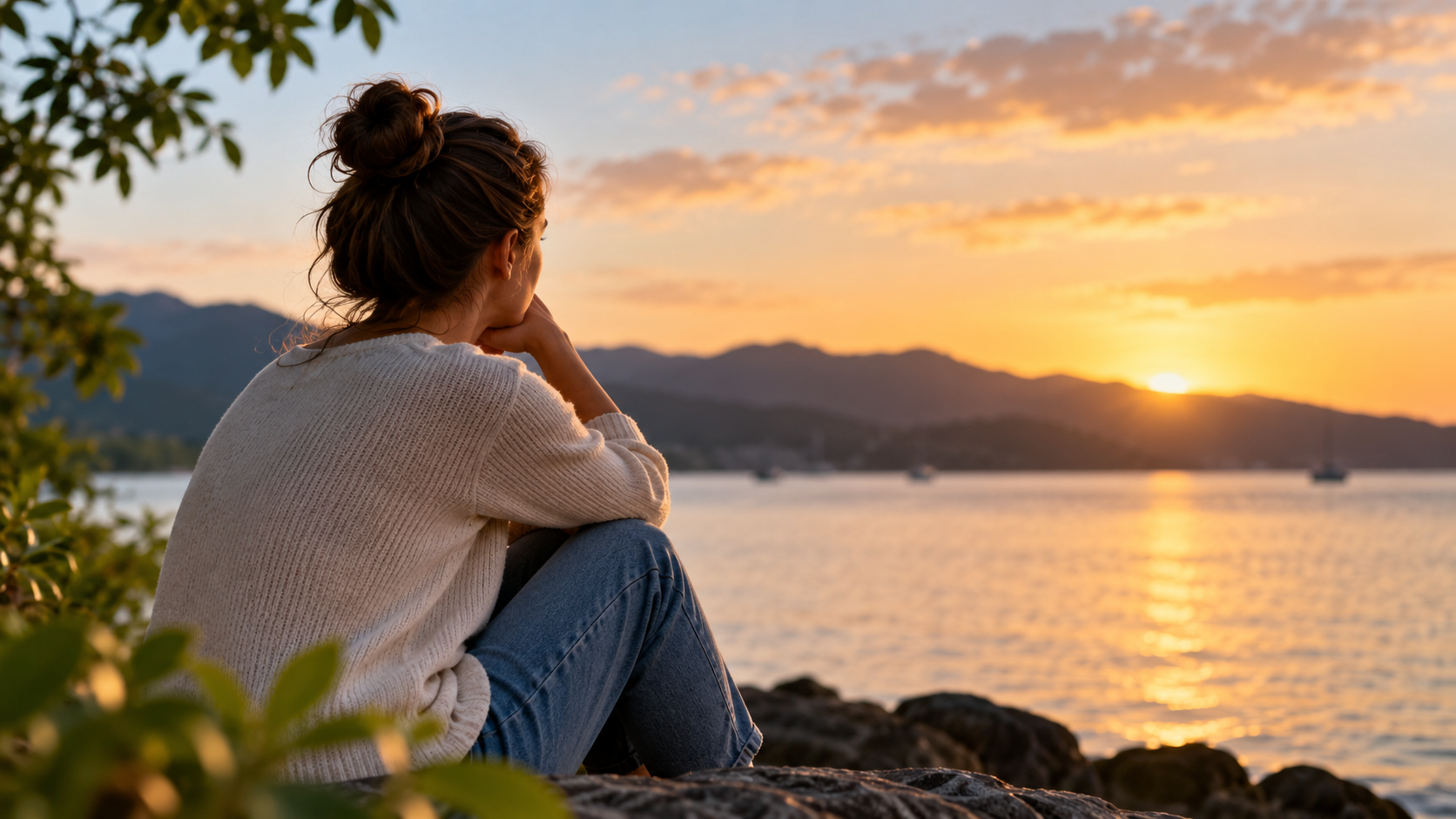 Woman sitting quietly by the water at sunset, reflecting alone while feeling emotionally overwhelmed and disconnected.