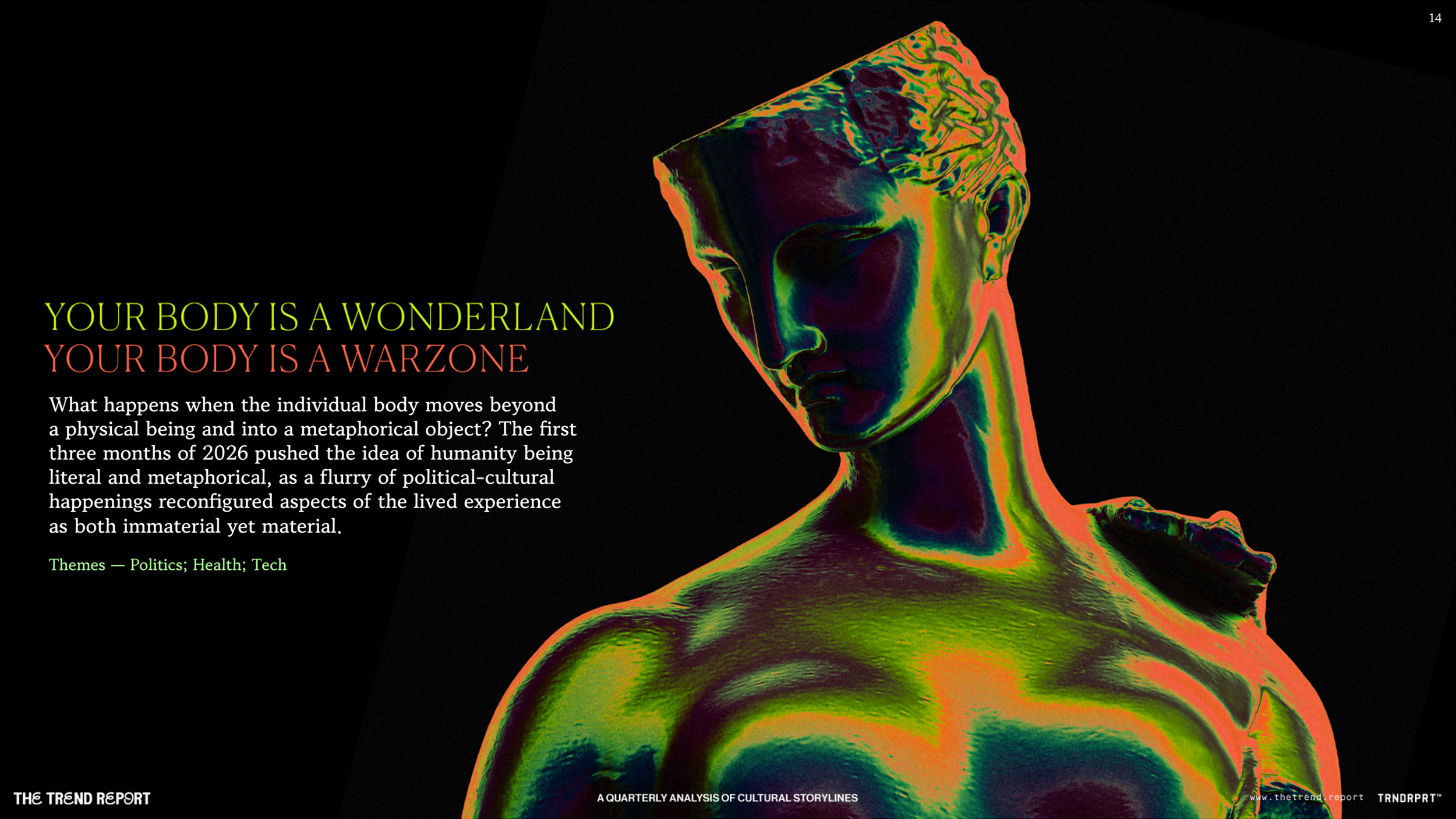 A digital art image of a female statue with a colorful, rainbow-like, abstract pattern on a black background. The image includes an essay titled "Your Body is a Wonderland, Your Body is a Warzone" and discusses themes of politics, health, and technol
