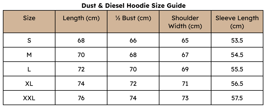 Dust and Diesel Hoodie Size Guide chart showing measurements in centimeters for sizes S, M, L, XL, and XXL, including length, ½ bust, shoulder width, and sleeve length.
