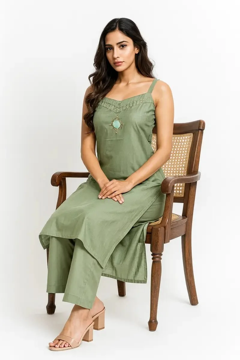 Olive Green Minimalist Sleeveless Kurta Set.jpeg