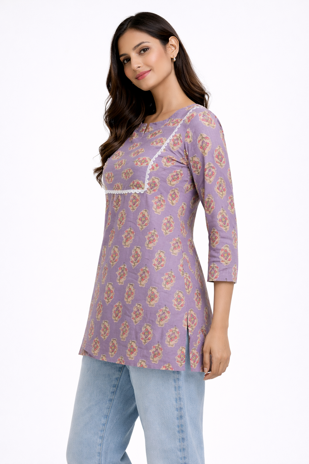 Mauve Floral Print Cotton Kurti