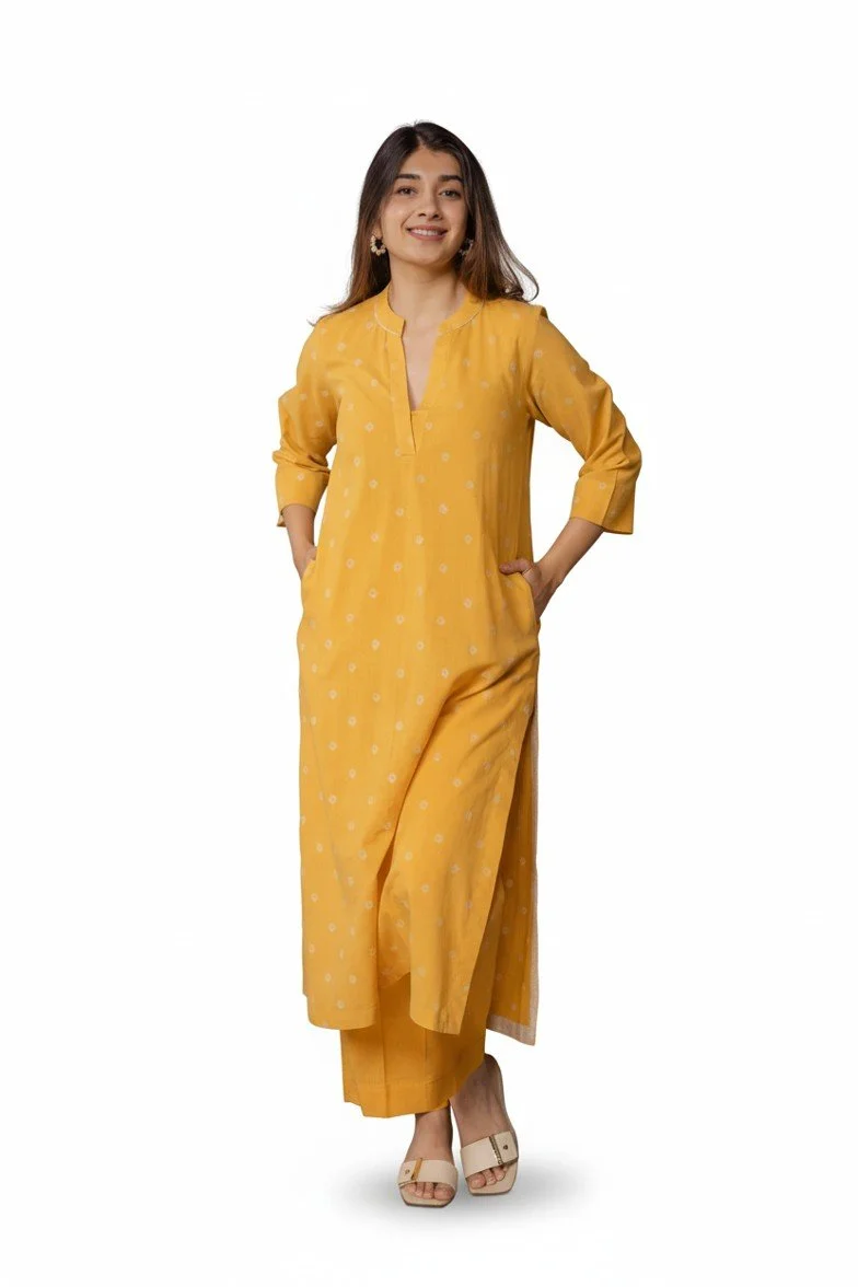 Product Name: Women Mustard Yellow Cotton Kurta Set
Color: Mustard Yellow
Fabric: Cotton (soft, breathable)
Fit Type: Regular fit, straight silhouette
Kurta Length: Calf/Long length
Neck: Mandarin collar with V-slit & placket
Sleeves: 3/4 sleeves
Pat