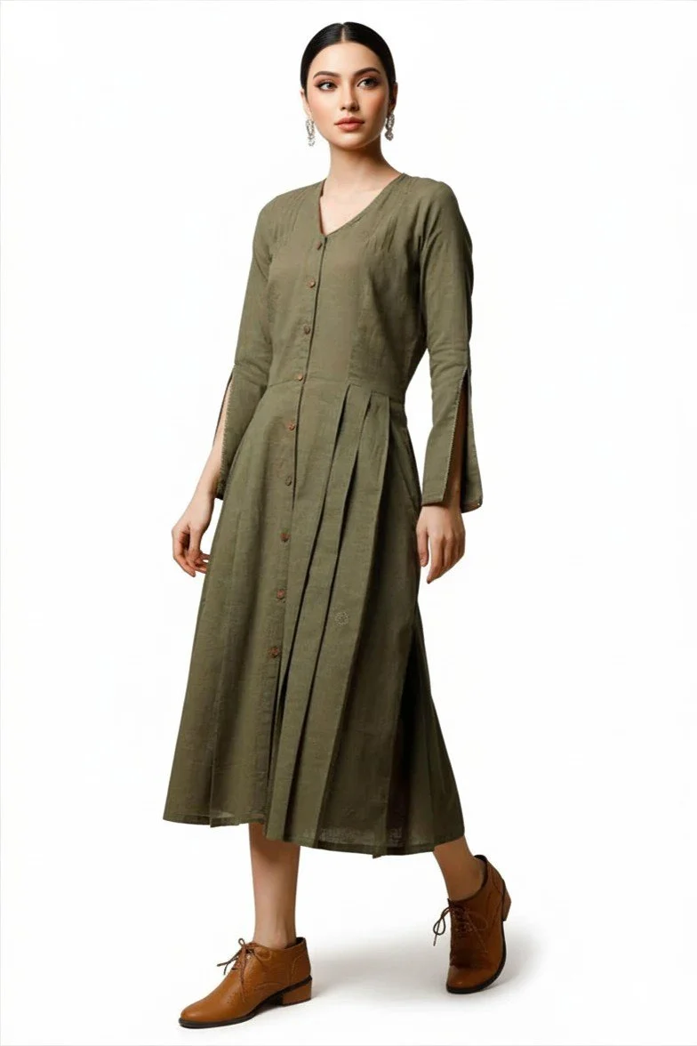 Product Name: Women Olive Green Button-Down Midi Dress
Color: Olive Green
Fabric: Cotton/Linen blend (breathable, soft feel)
Fit Type: Regular fit, flared/A-line silhouette
Length: Midi/Calf length
Neck: V-neck
Sleeves: Full sleeves with slit detail
