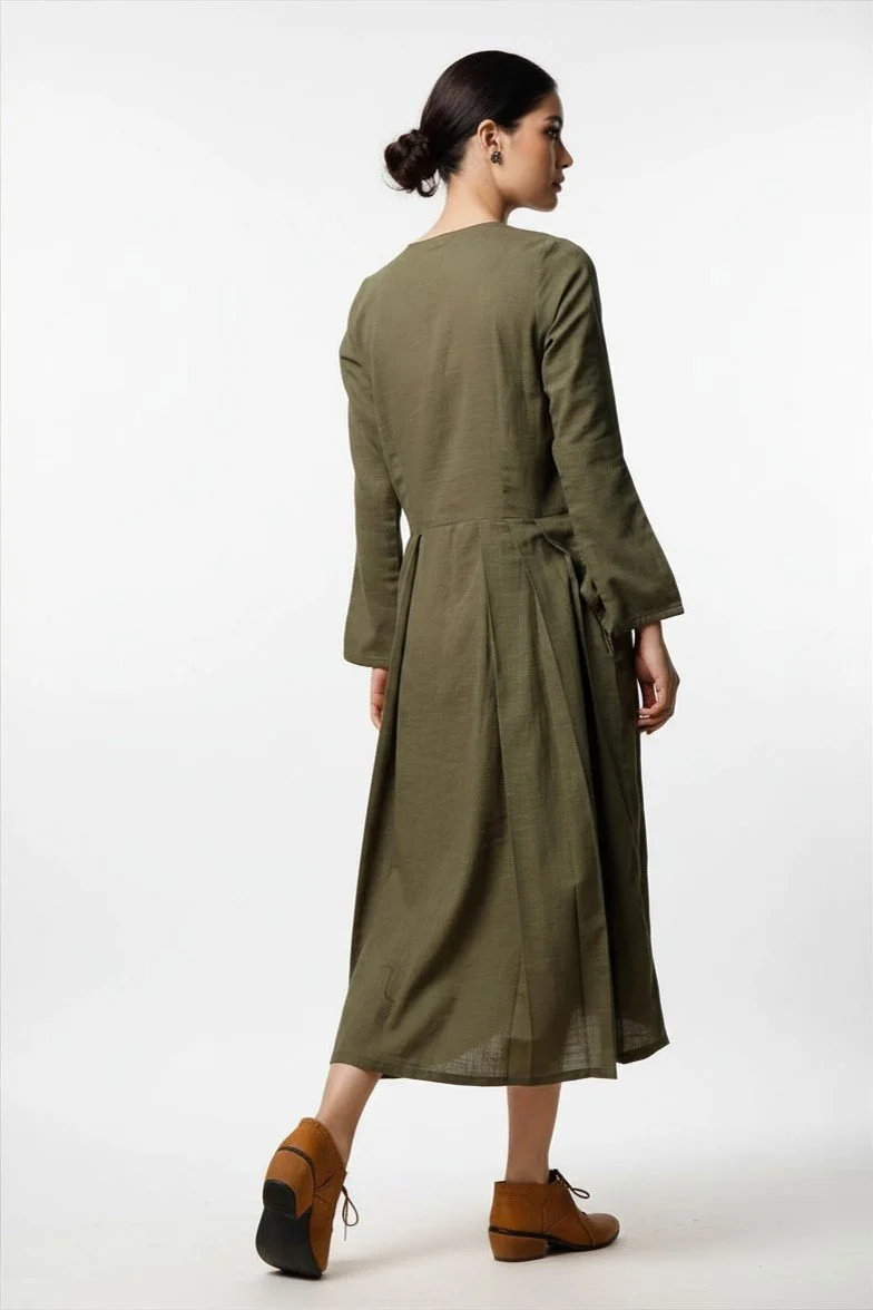 Product Name: Women Olive Green Button-Down Midi Dress [back view]
Color: Olive Green
Fabric: Cotton/Linen blend (breathable, soft feel)
Fit Type: Regular fit, flared/A-line silhouette
Length: Midi/Calf length
Neck: V-neck
Sleeves: Full sleeves with 