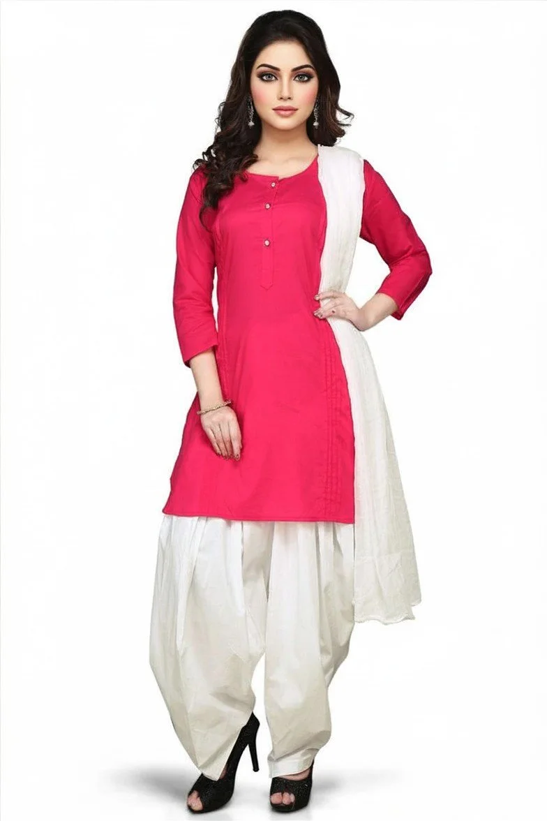 Product Name: Women Pink Kurta with White Salwar & Dupatta Set
Color: Pink (Kurta), White (Salwar & Dupatta)
Fabric: Cotton (soft, breathable)
Fit Type: Regular fit
Kurta Length: Knee length
Neck: Round neck with short placket
Sleeves: 3/4 sleeves
Bo
