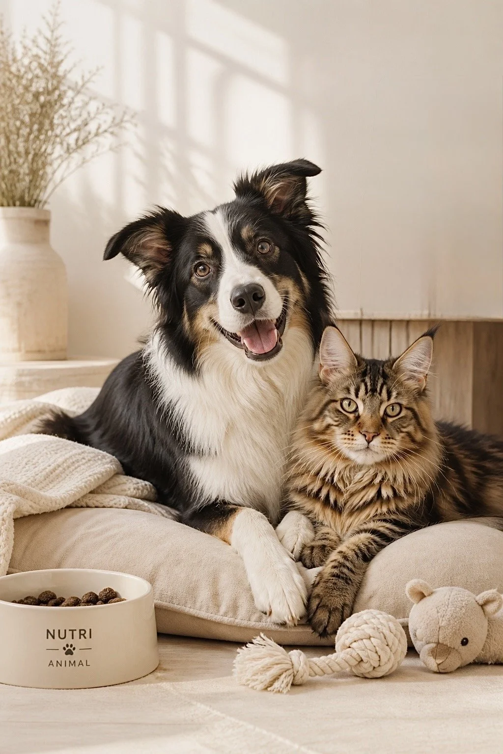 Un chien de race berger australien et un chat domestique tigré assis côte à côte sur un canapé en tissu beige, avec un bol de nourriture pour animaux, un jouet en corde et une peluche de souris à proximité, dans une ambiance chaleureuse et bien éclairée.