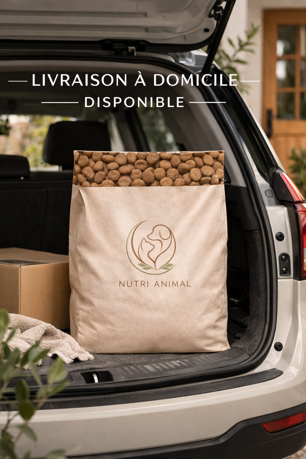 Une voiture avec un sac de nourriture pour animaux de compagnie Nutri Animal dans le coffre, indiquant la livraison à domicile disponible.