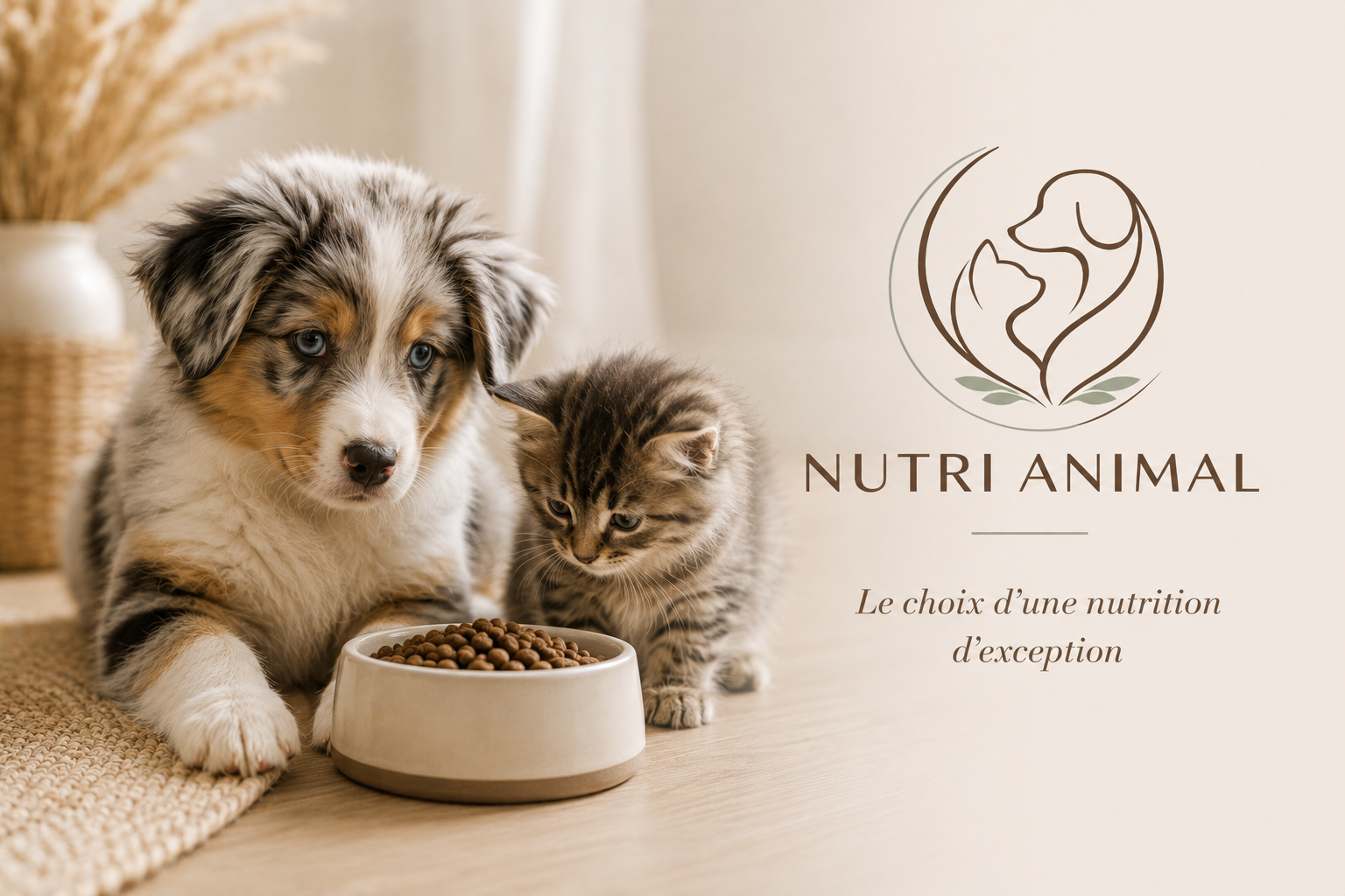 Chiot berger australien et chaton regardant une gamelle de croquettes, à côté de la mention 'NUTRI ANIMAL' et le slogan 'Le choix d'une nutrition d'exception'.