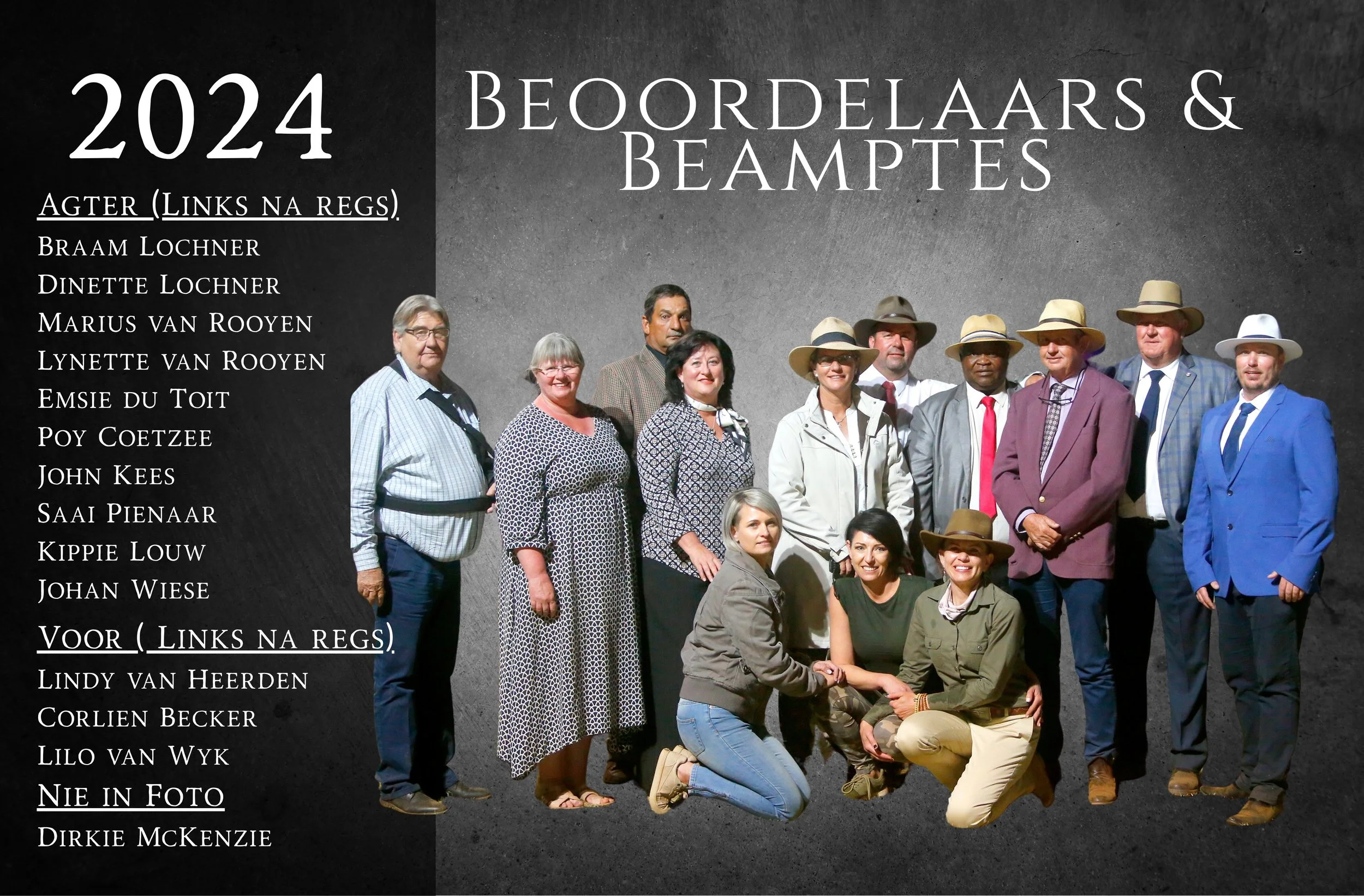 Beordelaars & Beampetes' in 2024 / Magogong skou/ Vaalharts Pekanfees Perdeskou Beoordelaars en beamptes. Sameroeper: Dirkie McKenzie/ Organiseerder: Corlien Becker Saalperd Streekskou / Saddlebred horse show Aankondiger: Braam Lochner/ Versamelperk