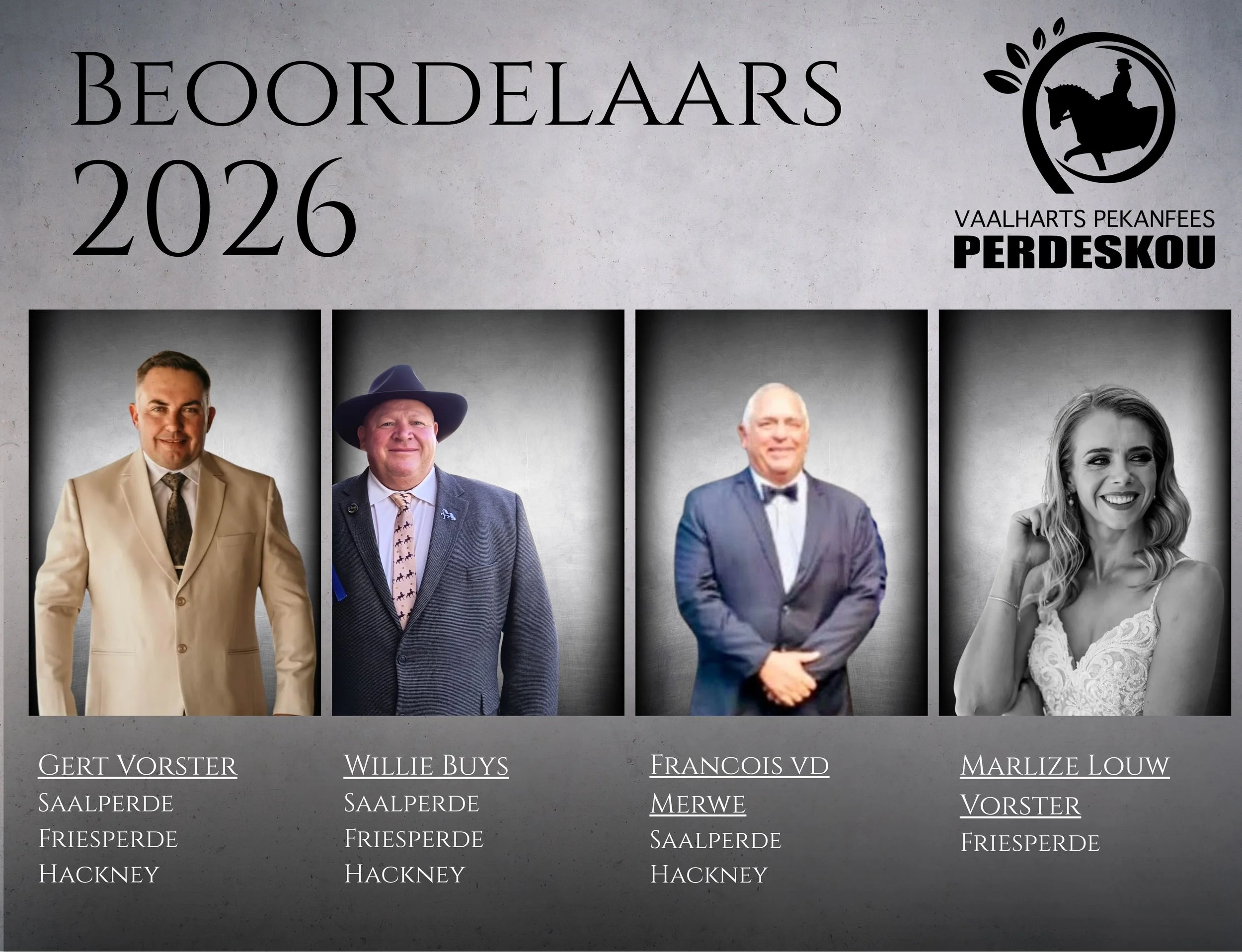 Beoordelaars 2026 Magogong skou Vaalharts Pekanfees Perdeskou Willie Buys Gert Vorster Francois van der Merwe Marlize Vorster
