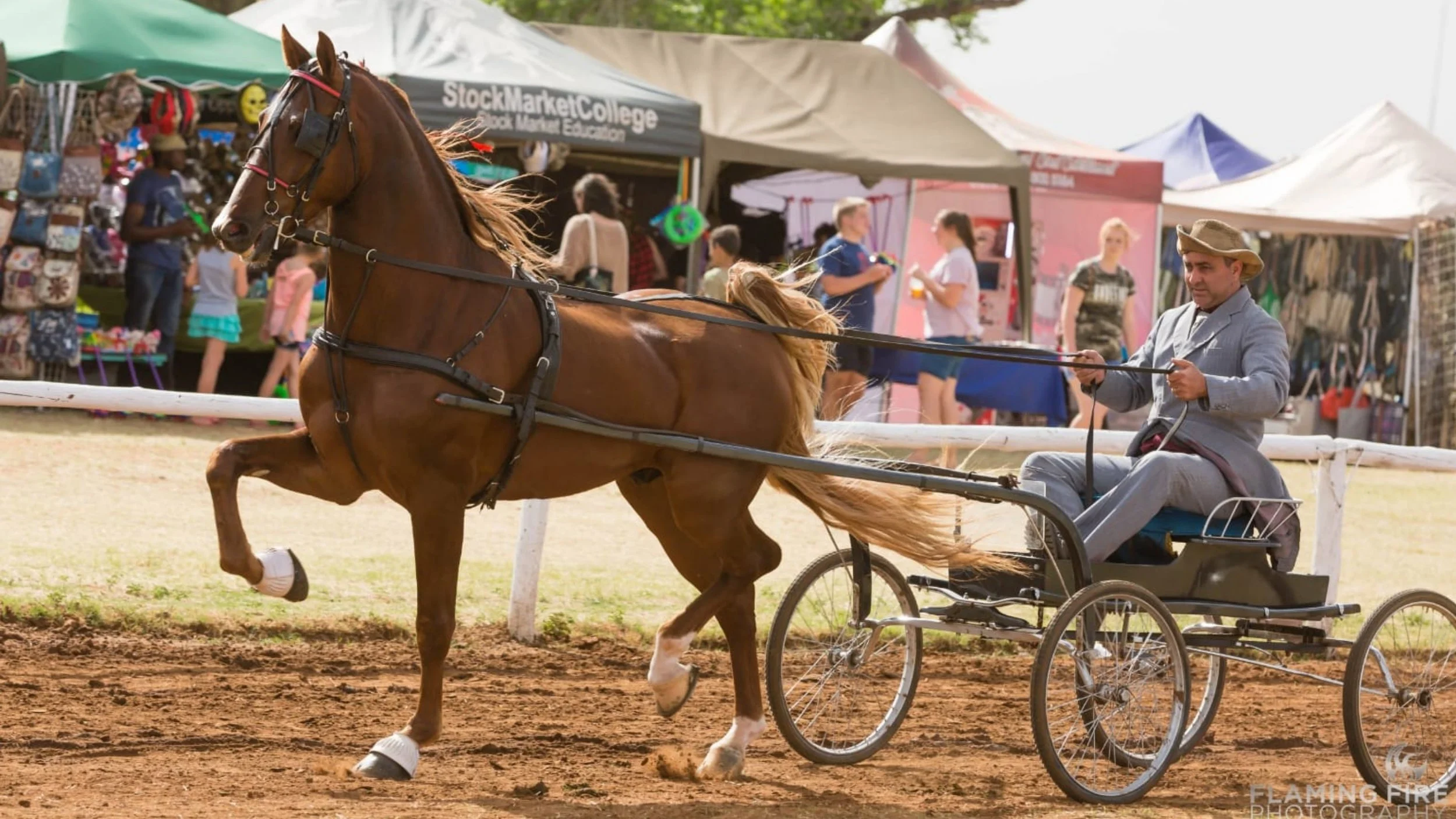 A man in a gray suit and hat driving a horse-drawn cart at a fair or festival, with various tents and people in the background.