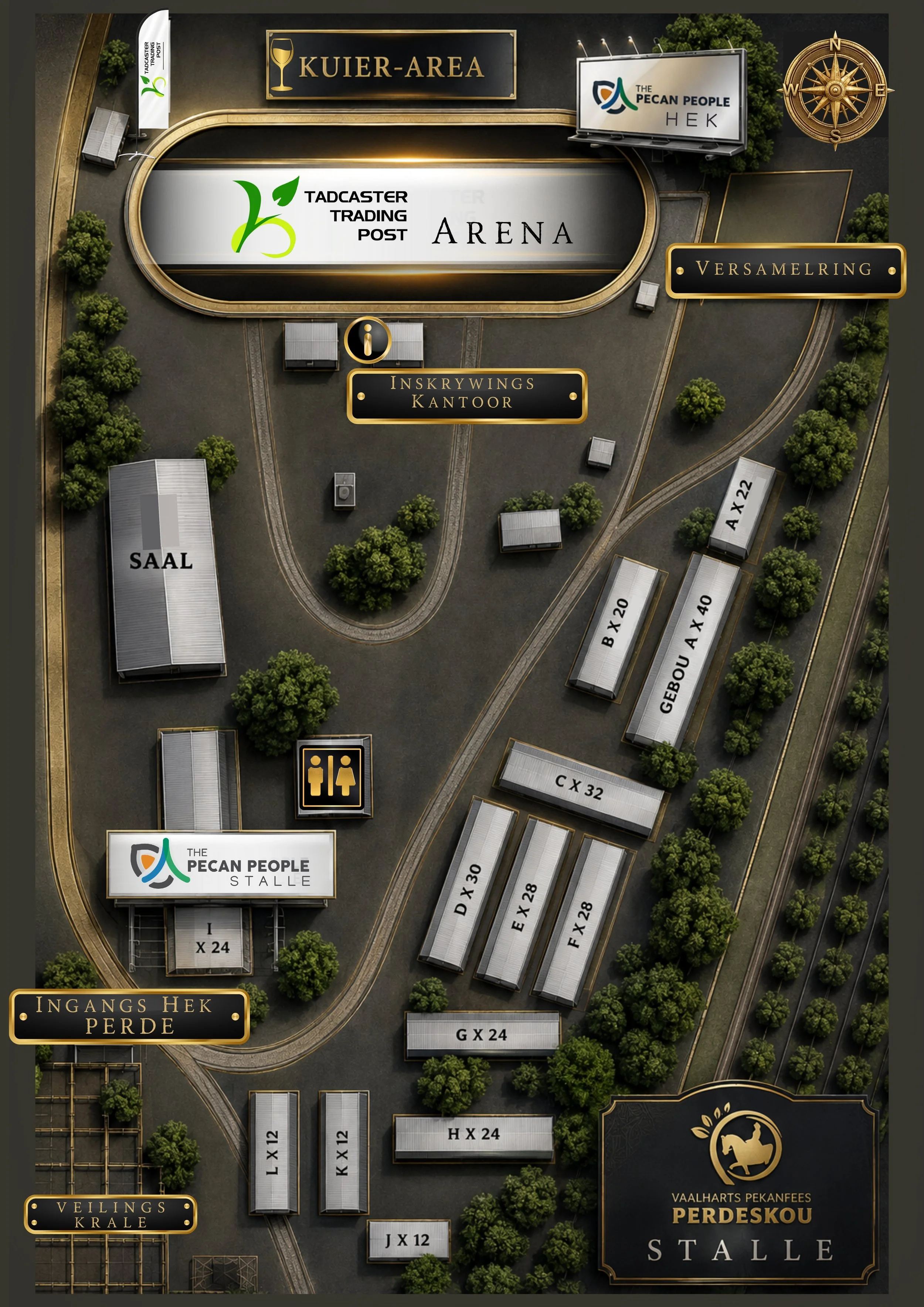 Map Magogong skougronde TADCASTER TRADING POST ARENA, INSKRYWINGS KANTOOR, and the Pecan People Stalle, surrounded by trees and pathways, with directional signs and restroom icons.