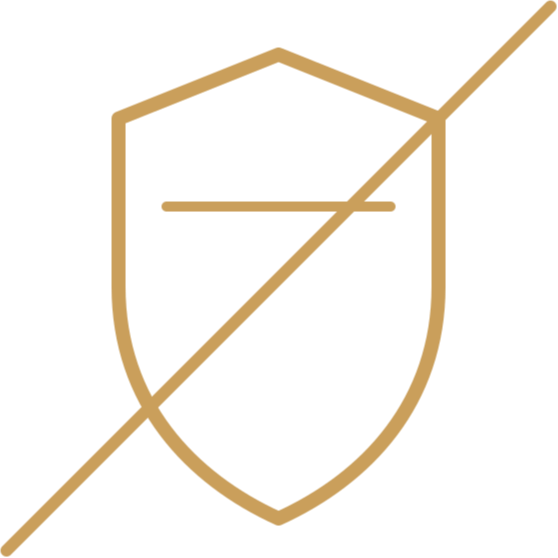 Minimalist shield with a diagonal line crossing it, in gold on a black background.