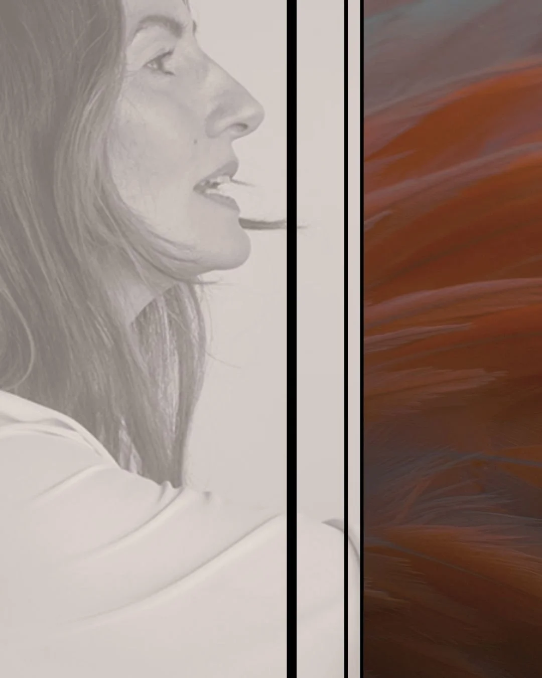 A grayscale profile portrait of Jayne Cook, Fractional CMO, with long hair, positioned next to an abstract painting with swirling shades of red and brown.