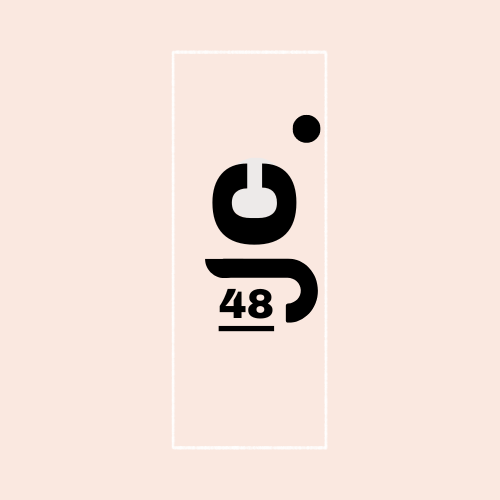 A graphic design featuring the letters 'G' and 'C', with the number '48' and a black circle, arranged vertically on a pink background.