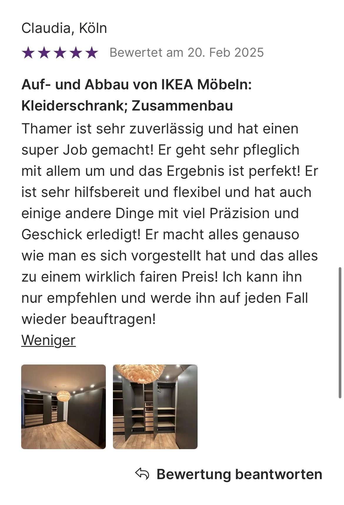 Kundenrezension auf Deutsch über den Auf- und Abbau eines IKEA-Kleiderschranks, inklusive Fotos des fertigen Schranks und des Raums.