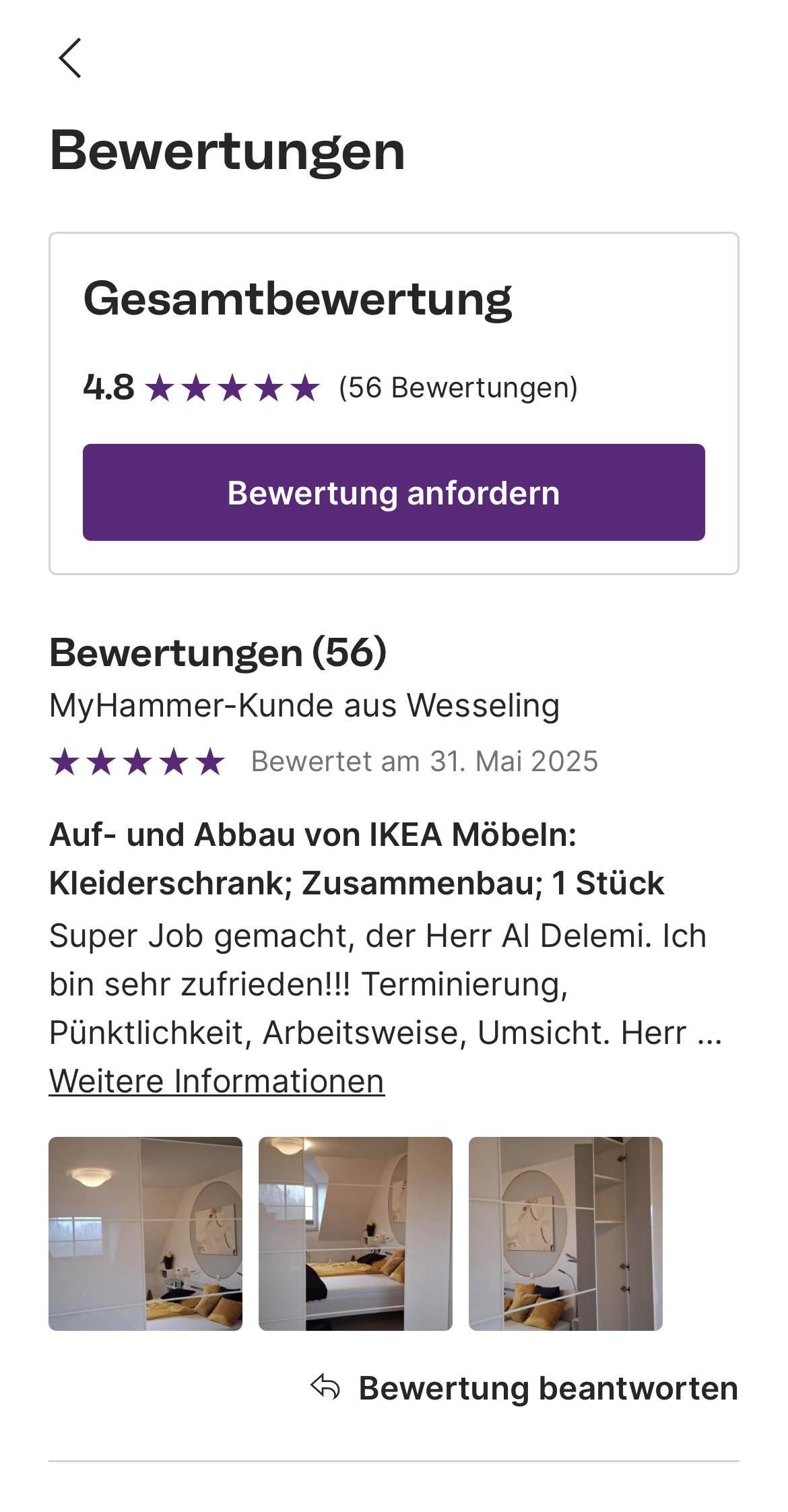 Screenshot von einer Bewertungsseite mit einer Gesamtnote von 4,8 Sternen basierend auf 56 Bewertungen, darunter eine Rezension eines Kunden aus Wesseling, der mit dem Möbelaufbau zufrieden ist.