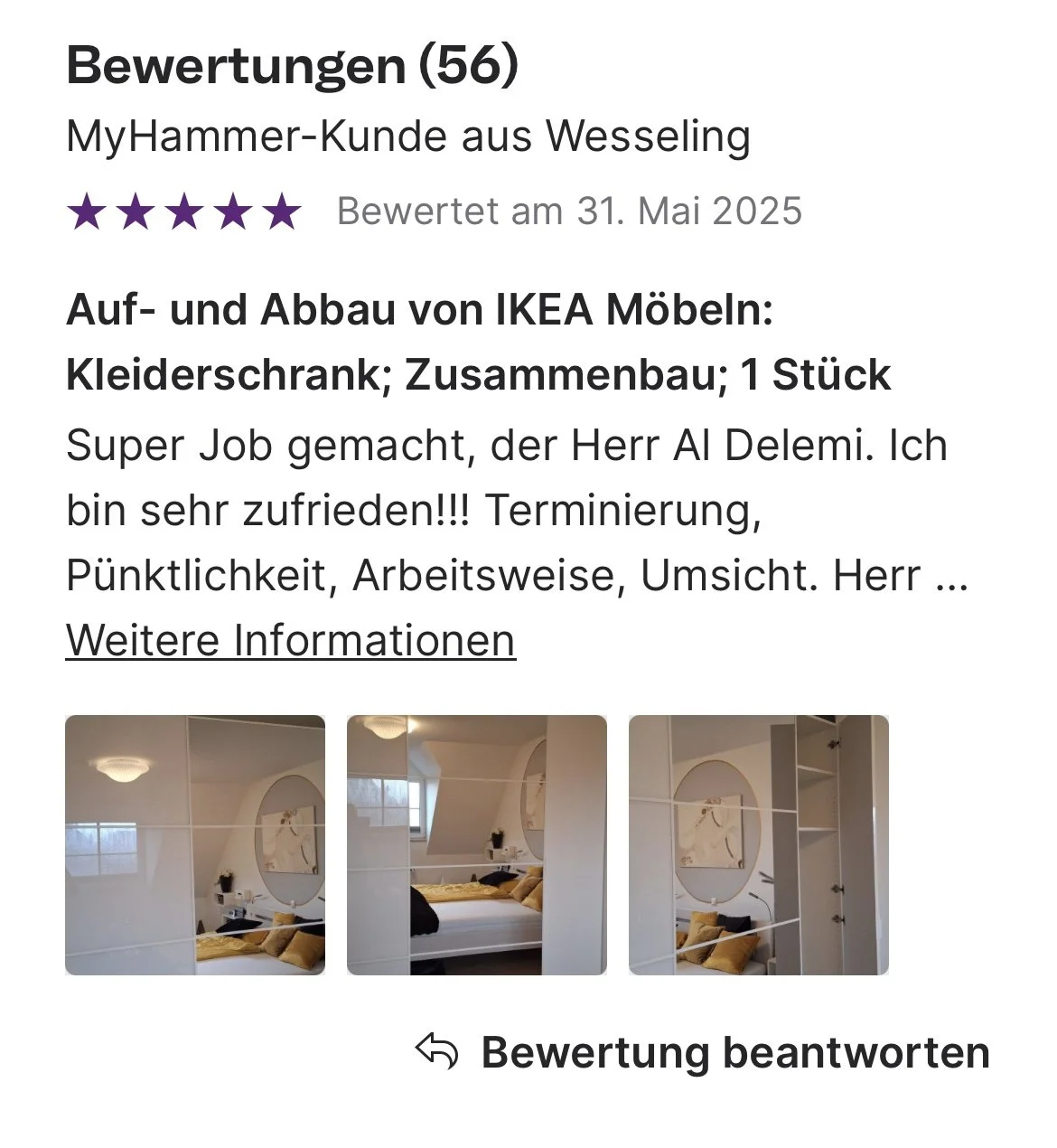 Drei Fotos eines weißen IKEA Kleiderschranks mit Spiegel und Sitzbank mit Kissen im Schlafzimmer