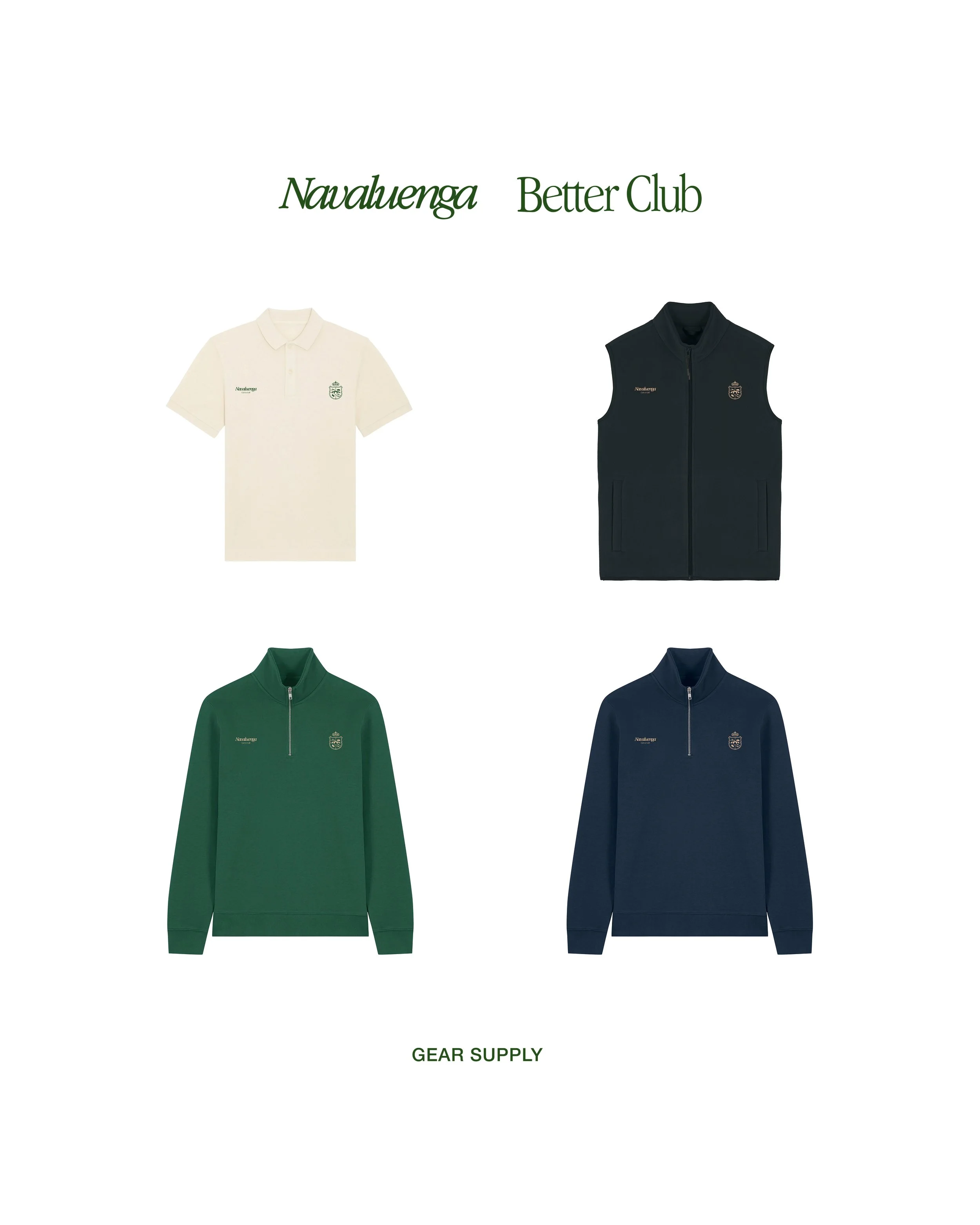 Cuatro prendas de ropa y un logo de la marca Navahenga, incluyendo una camiseta blanca, un chaleco negro, un suéter verde y un suéter azul marino, con la leyenda 'Navahenga Better Club' y 'GEAR SUPPLY' en la parte inferior.