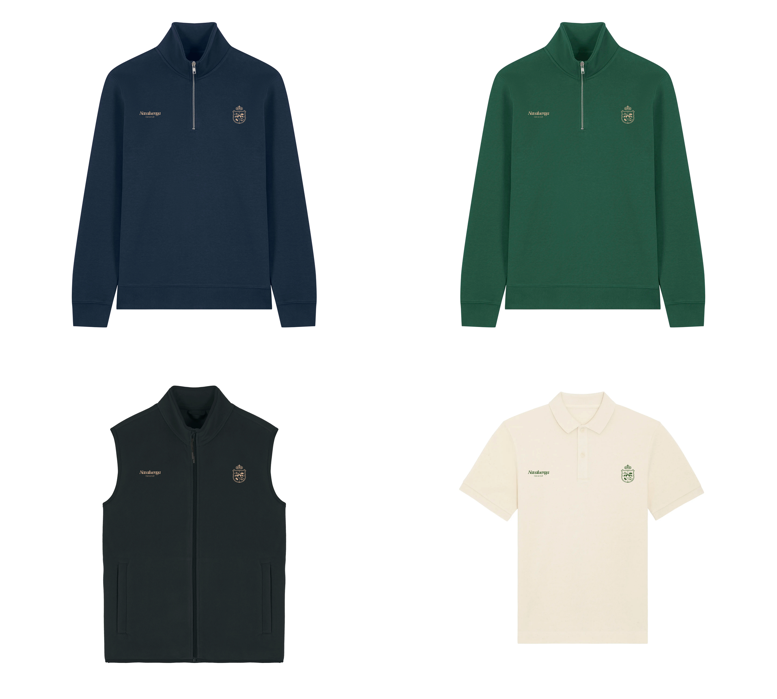 Cuatro prendas de ropa en diferentes colores: un suéter azul marino con cremallera, un suéter verde con cremallera, un chaleco negro sin mangas con cremallera, y una camiseta polo blanca con botones, todas con emblemas y texto en el lado izquierdo o derecho.