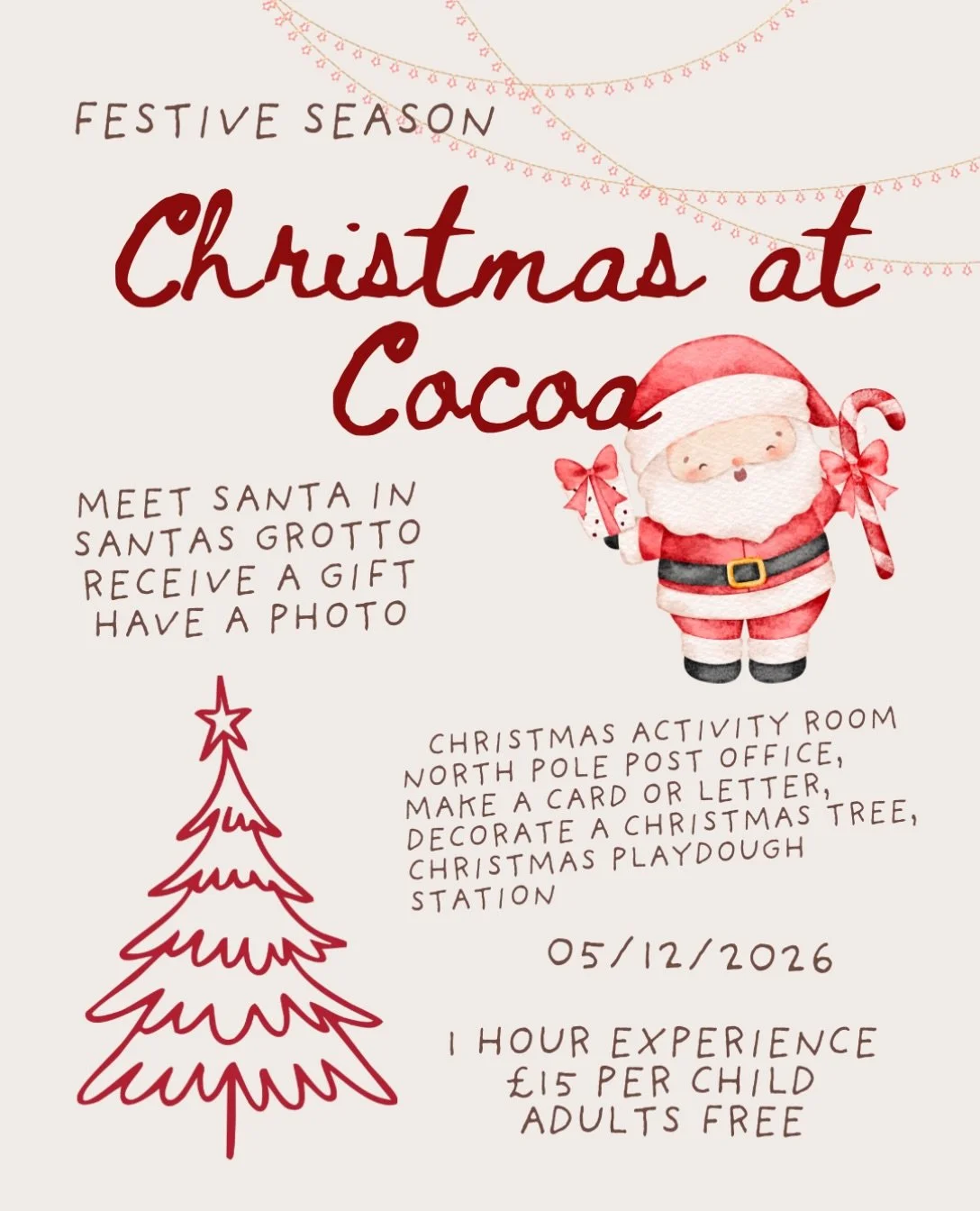 HE&rsquo;S ON HIS WAY! 🎅🏽

Bookings are now open for CHRISTMAS AT COCOA! 

It might seem early but Santas a busy man and we need to get our numbers confirmed 😅

This will be a 1 hour experience to include meeting Santa in our first ever Santas gro