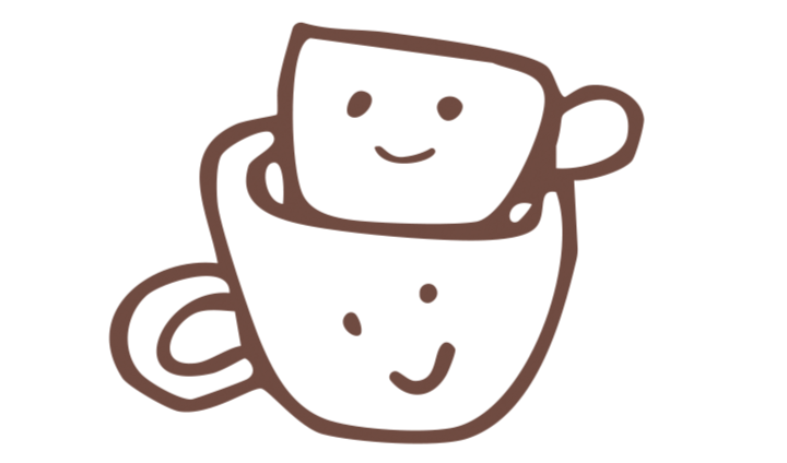 Two cartoon coffee cups stacked, with smiling faces and eyes.