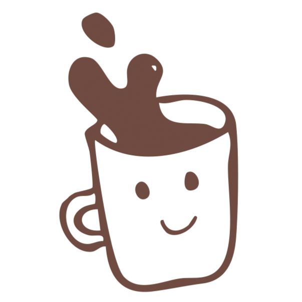 Cartoon coffee mug with a smiling face and hot chocolate or coffee splashing out.