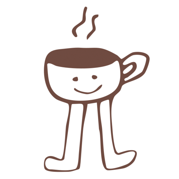 A cartoon coffee cup with a smiling face, steam rising from the top, and legs in a walking pose.