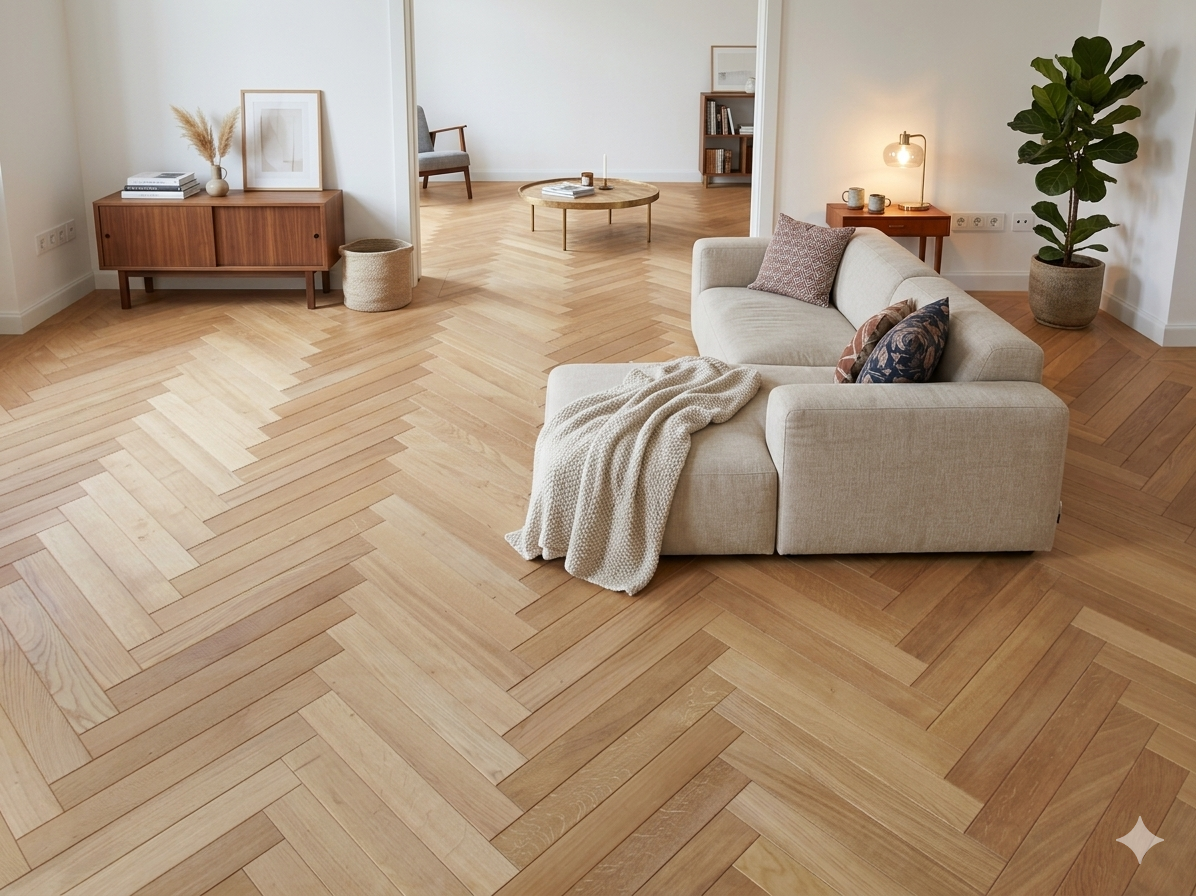 Gemütliches Wohnzimmer mit hellem Fischgrad-Holzparkett, weißem Sofa, Tischlampe, großen Grünen Pflanze, kleine Couch, Teppich, Wanddekorationen und Bücherregal.