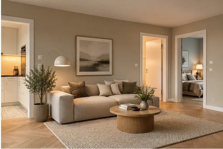 Wohnzimmer mit hochwertigem Fischgrad-Parkettboden, grauer Wand, Sofa, Kaffee-Tisch, Stehlampe, Bilder an der Wand, offenem Zugang zur Küche und Schlafzimmer.