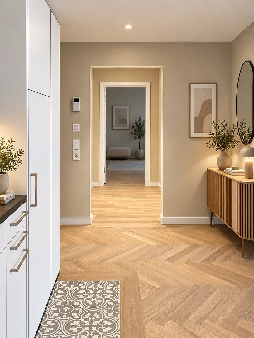 Ein Flur in einer modernen Wohnung mit hochwertigem Parkett  Holzboden, einer weißen Garderobe, einer geradlinigen Holzkonsole mit Dekoration und Pflanzen, einem Spiegel sowie dezenten Wandbildern.