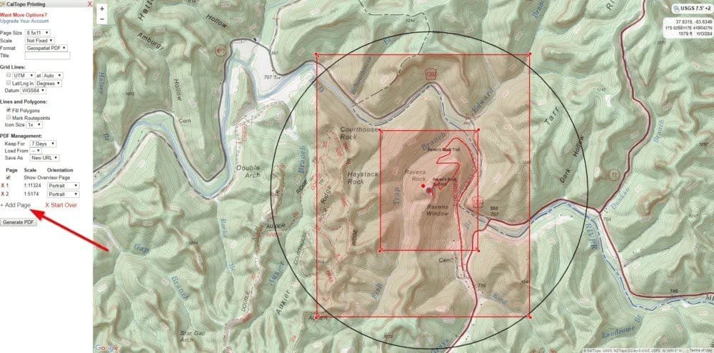 Adding a page when printing a map with CalTopo.