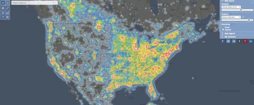 An example of a light pollution map for the United States.
