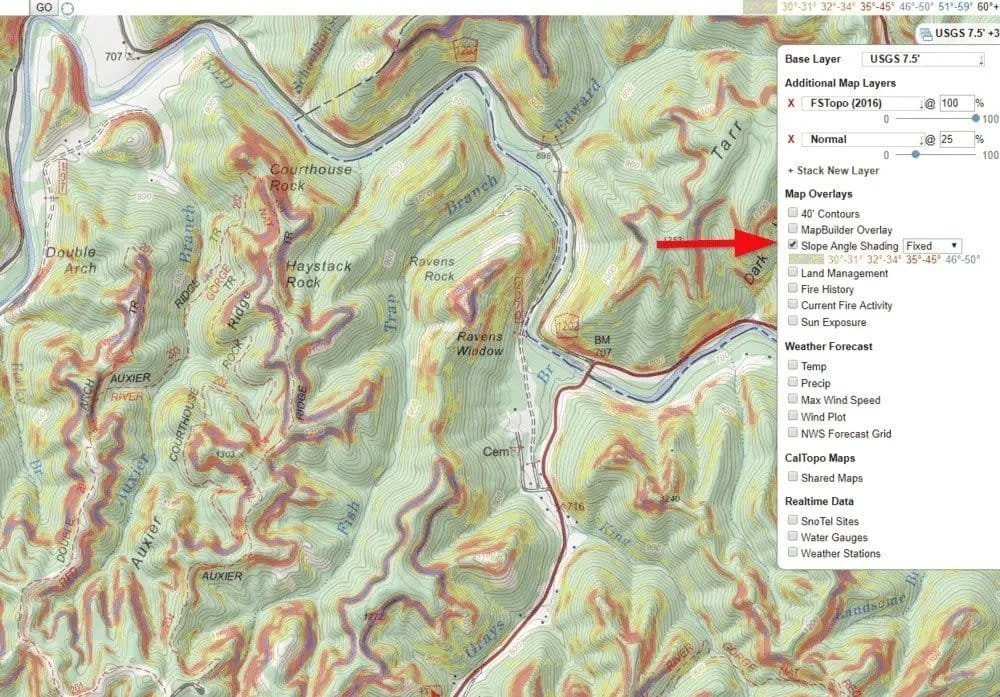 Overlaying the slope angle shading layer in CalTopo.