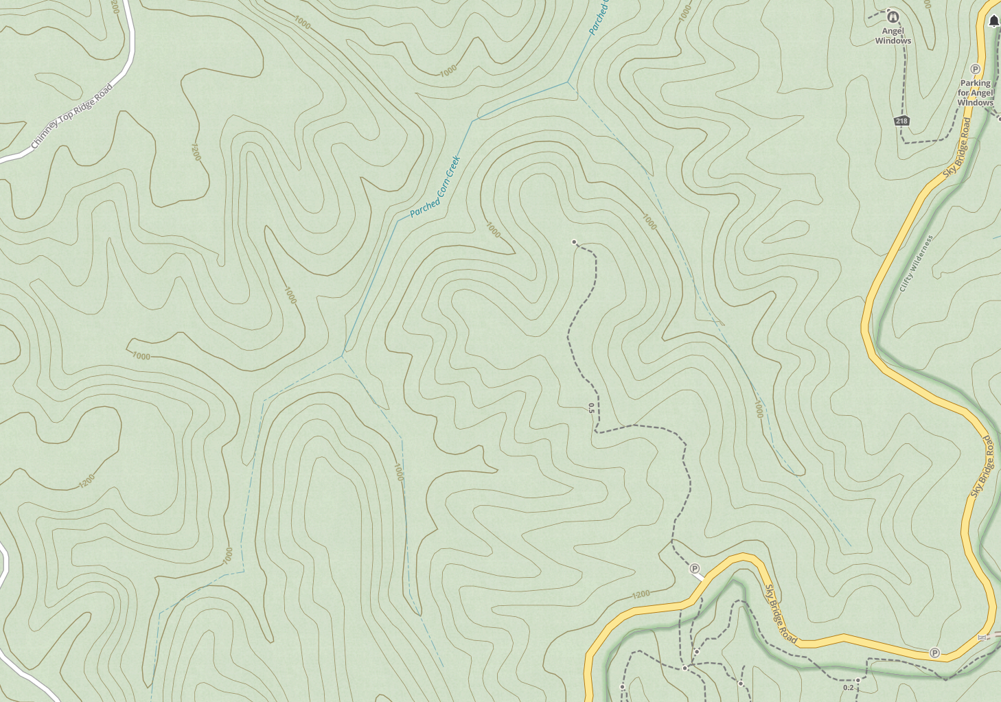 An area of Parched Corn Creek on a topo map.